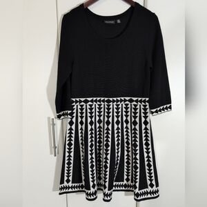 Nina Leonard Womens Black White Stretch Long Sleeve Fit And Flare Dress Size L